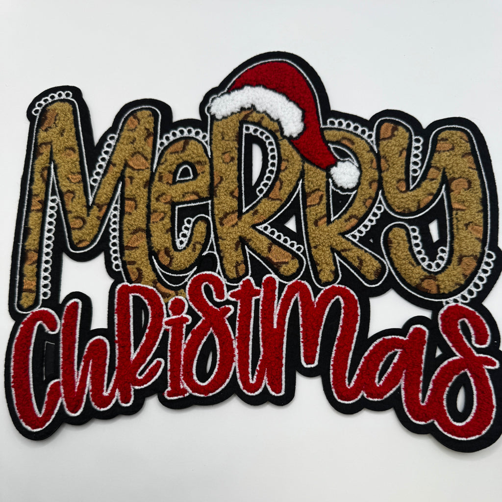 Merry Christmas Leopard Print Chenille Patch – Santa Hat Holiday Design