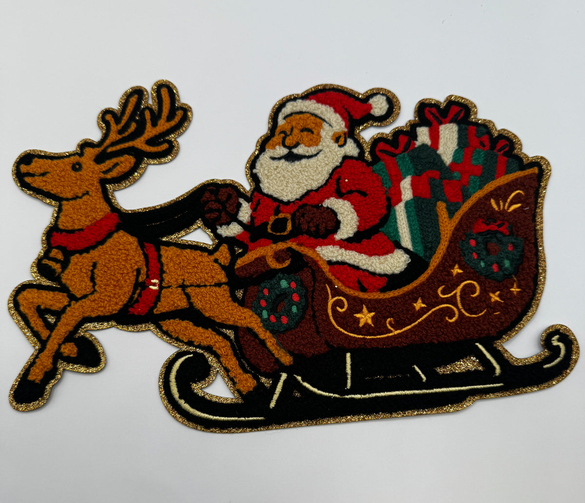 Santa & Reindeer Sleigh Chenille Patch – Christmas Holiday Appliqué