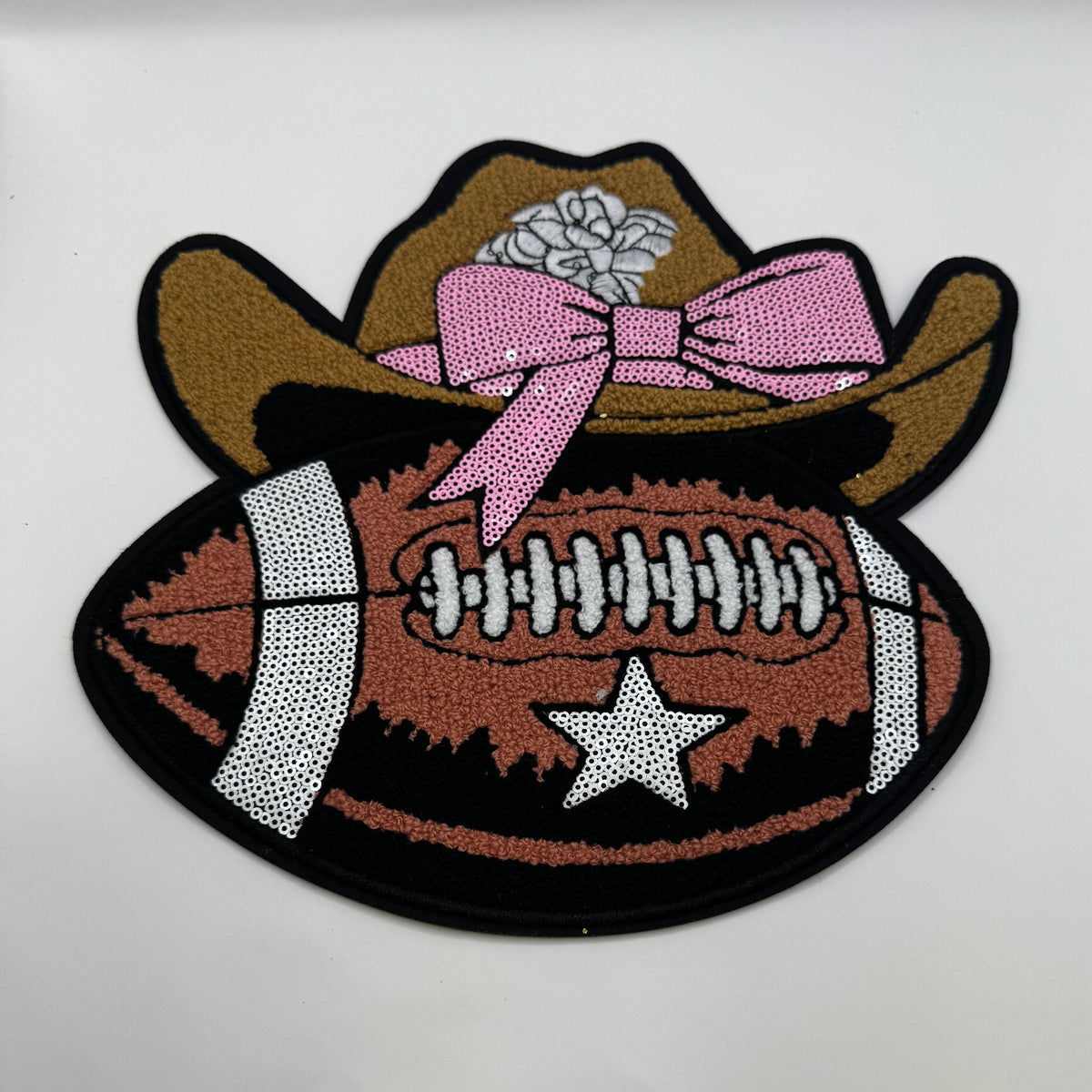Cowgirl Football Sequin Patch – Western Hat & Pink Bow