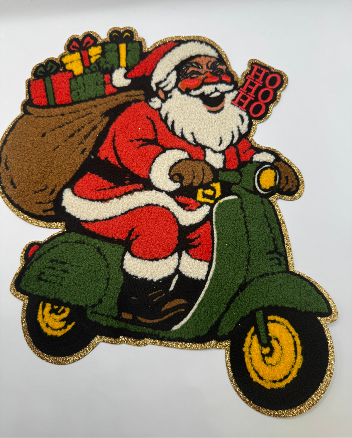 Santa on Scooter Chenille Patch – Ho Ho Ho Christmas Appliqué