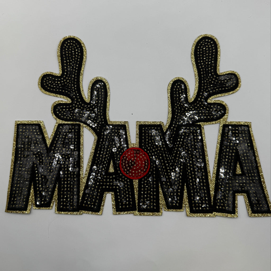 Mama Reindeer Black & Gold Sequin Patch – Christmas Holiday Patch