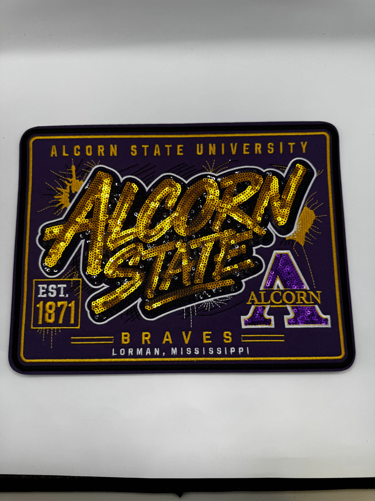 Alcorn State University Braves Sequin Embroidered Patch – Purple & Gold