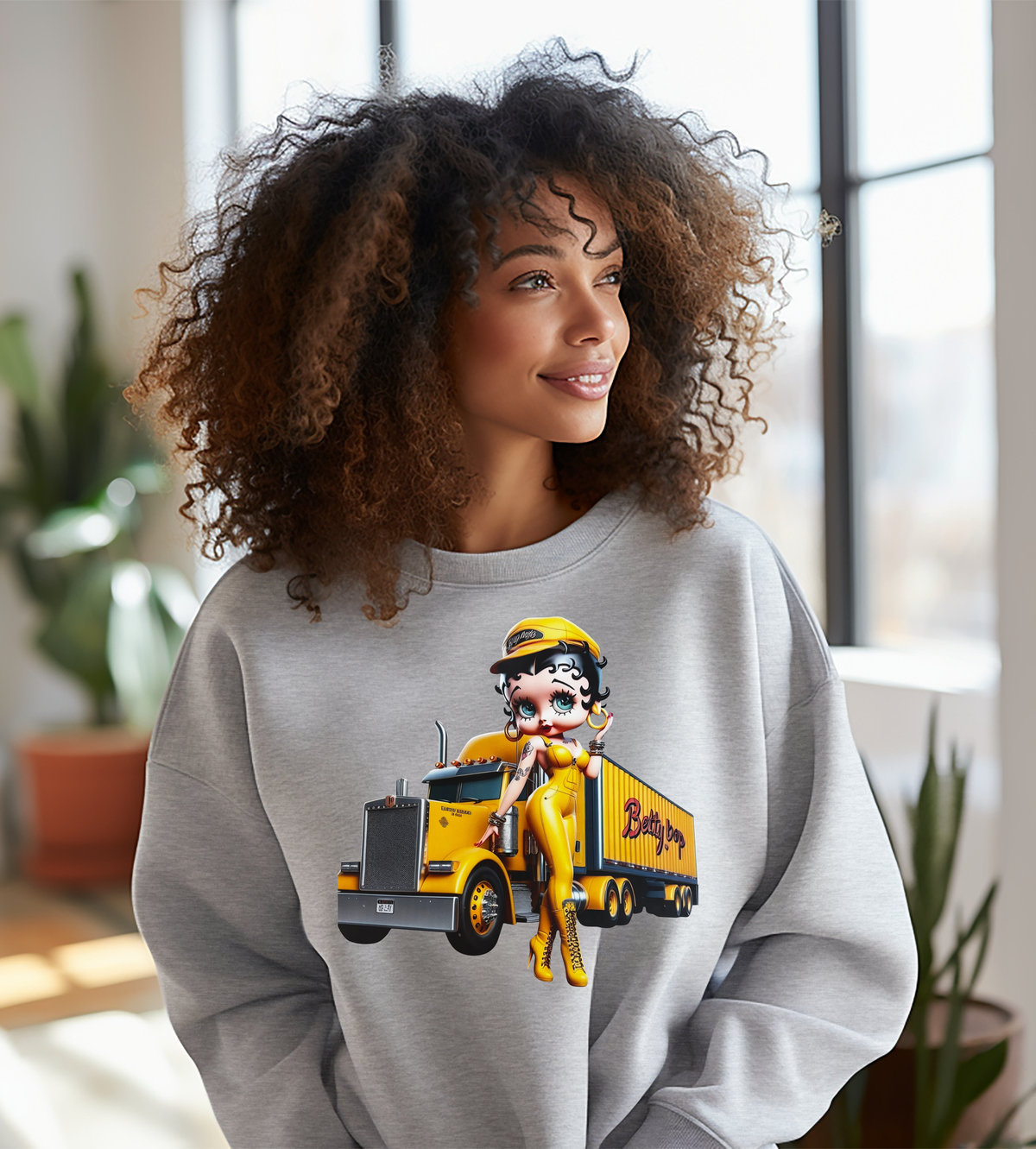 Betty Boop Trucker Girl Graphic T-Shirt – Yellow Semi Truck Tee