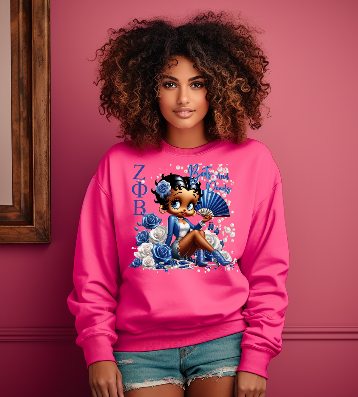 Zeta Boots and Pearls Blue & White Graphic Shirt – Sorority-Inspired Glam Tee