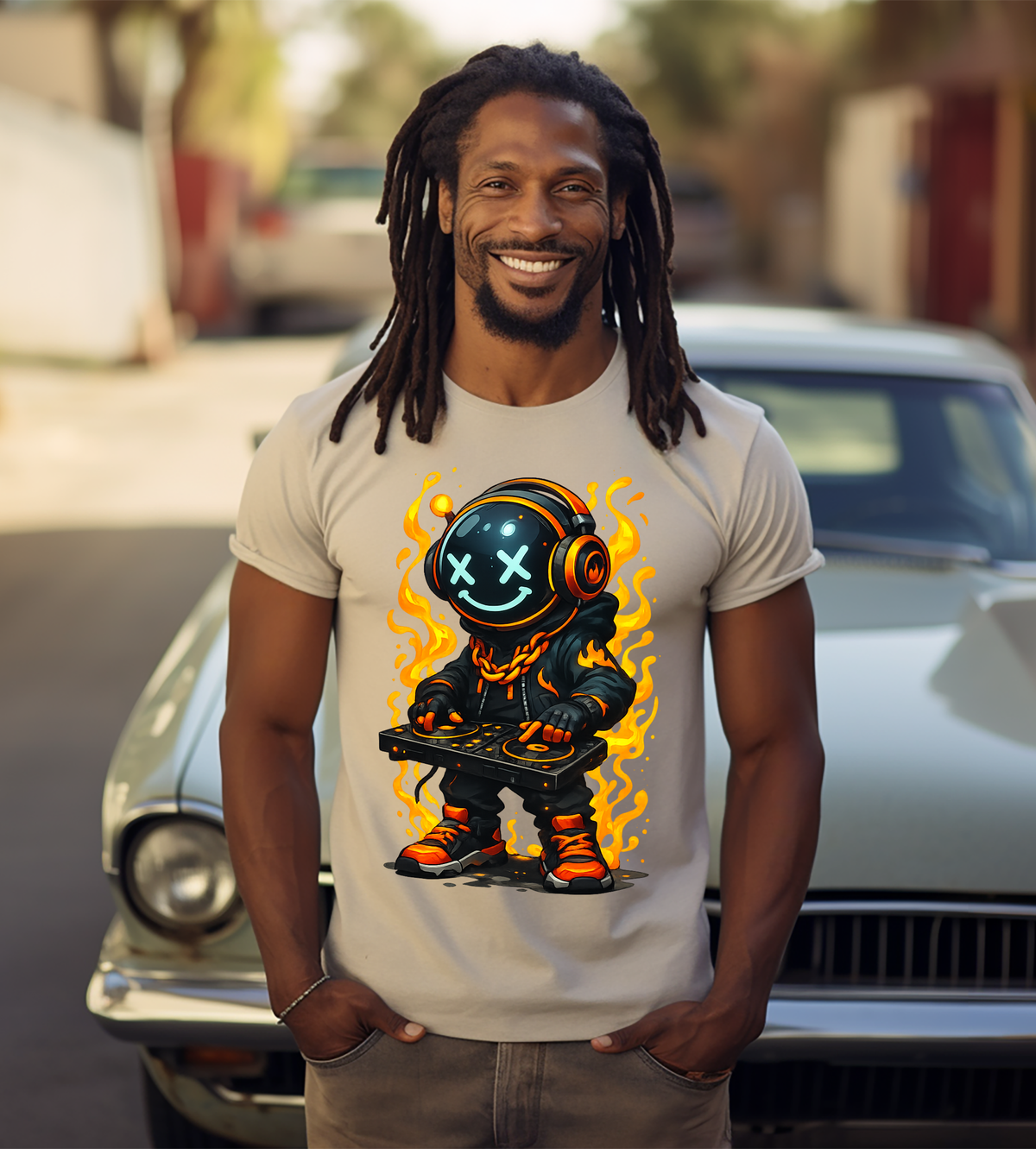 Fire DJ Robot Graphic T-Shirt – Music Lover Tee
