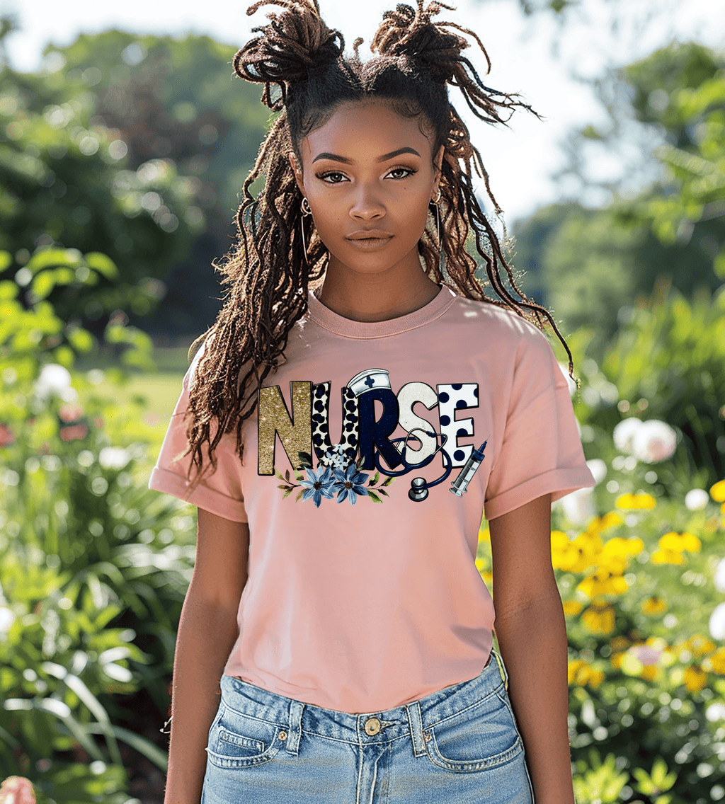 Nurse Life Blue & Gold Floral Medical Graphic T-Shirt