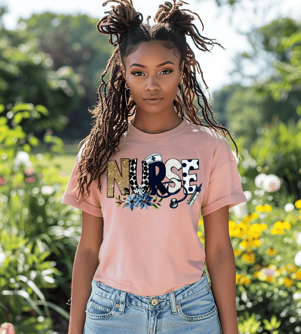 Nurse Life Blue & Gold Floral Medical Graphic T-Shirt
