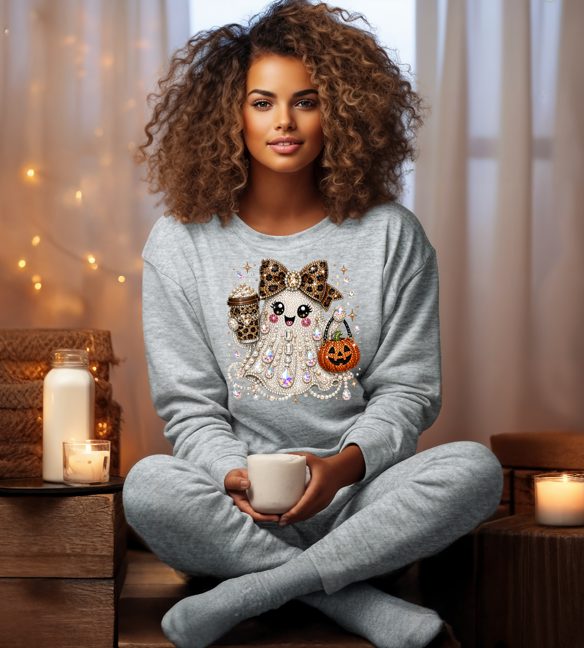Bling Halloween Ghost Graphic Shirt – Leopard Bow, Coffee & Pumpkin Tee
