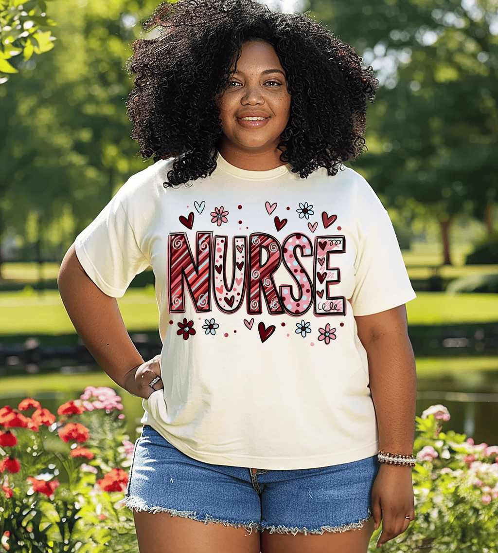 Nurse with Heart Doodle Graphic T-Shirt