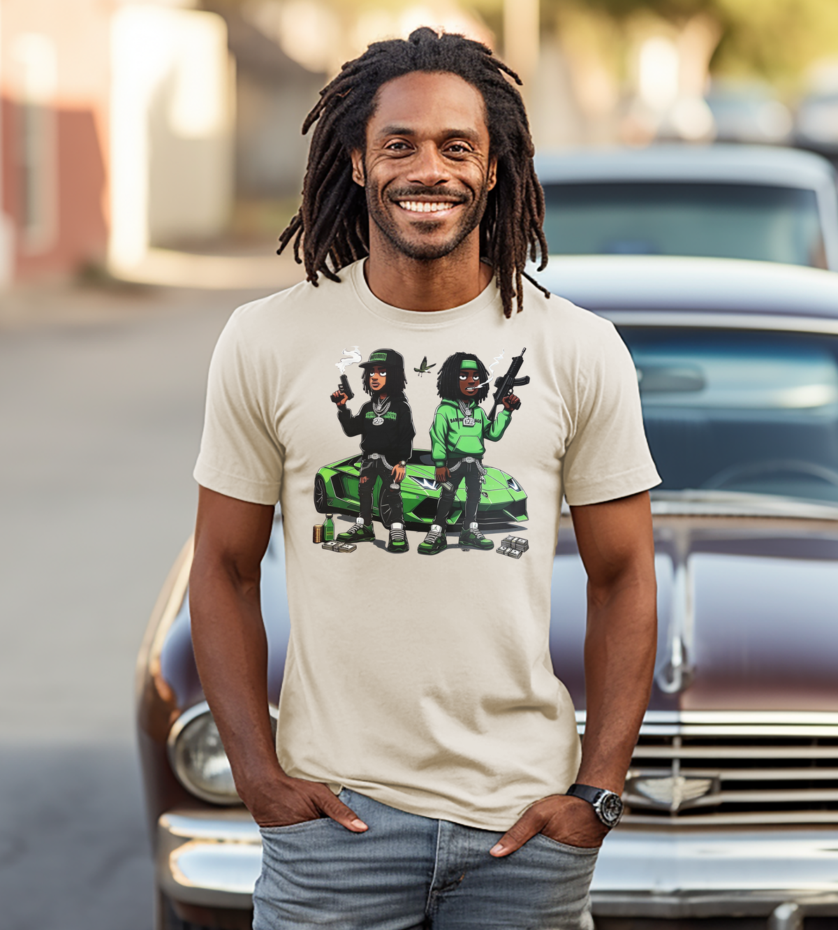 Green Street Lifestyle Graphic T-Shirt – Urban Car & Character Design