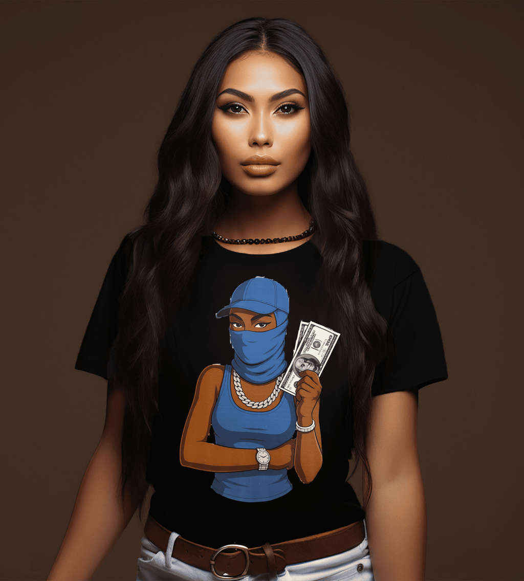 Blue Masked Money Girl Graphic T-Shirt – Urban Hustle Streetwear Tee