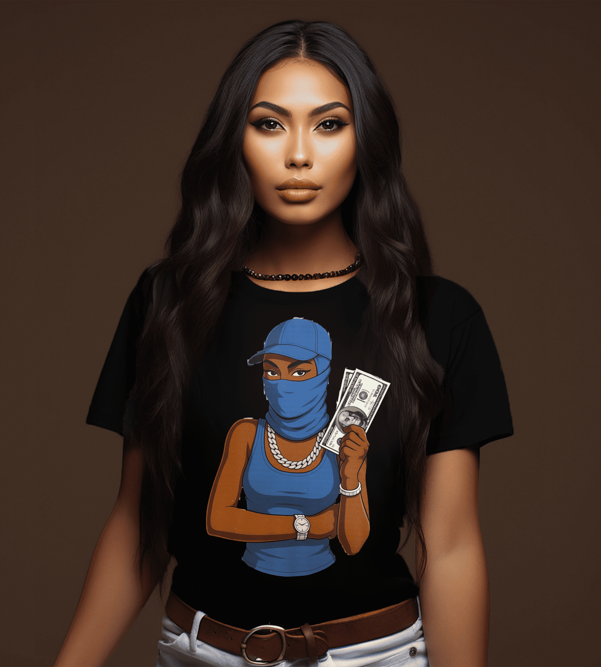 Blue Masked Money Girl Graphic T-Shirt – Urban Hustle Streetwear Tee