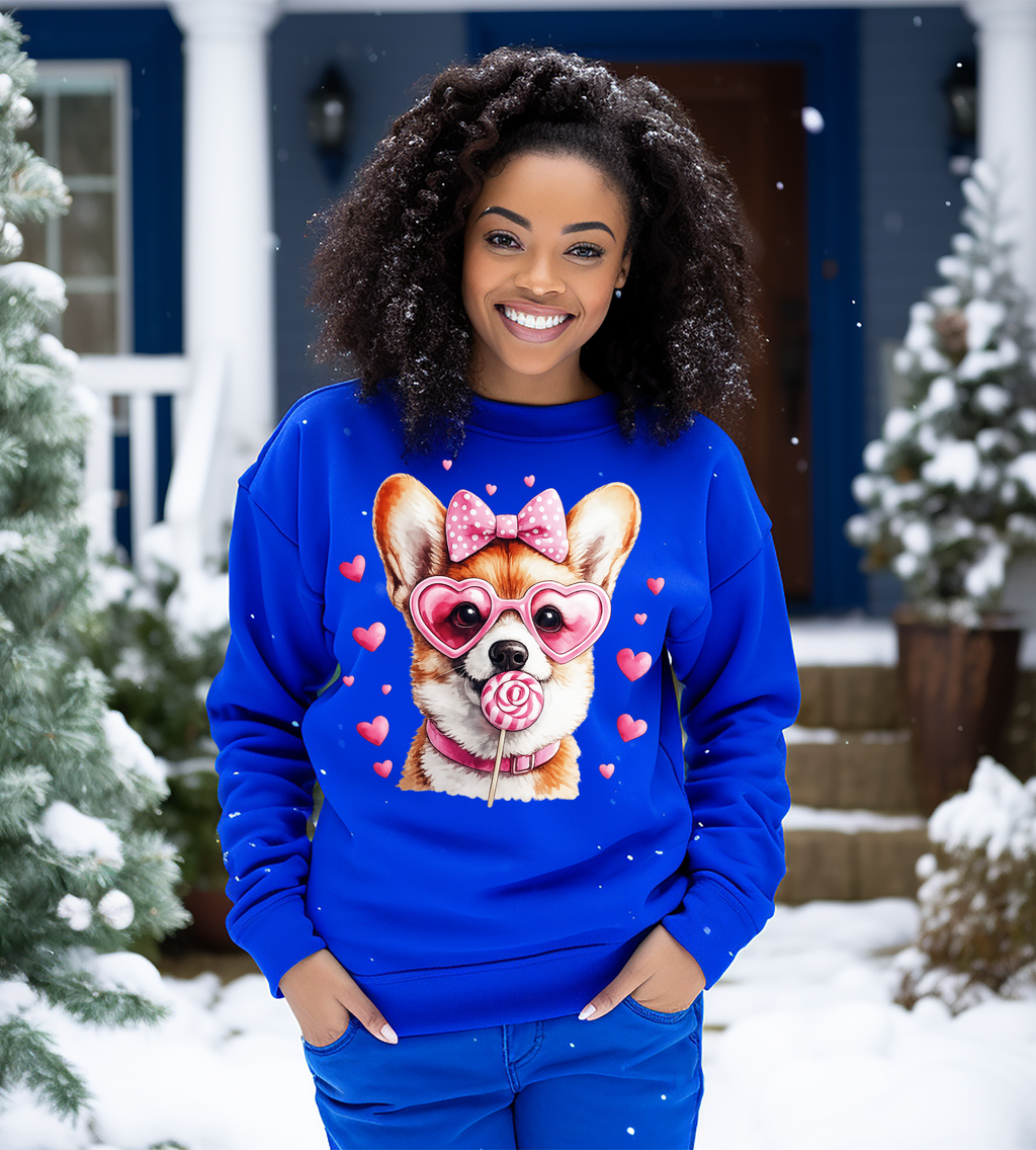 Valentine Corgi Graphic Shirt – Pink Hearts, Sunglasses & Lollipop Dog Tee