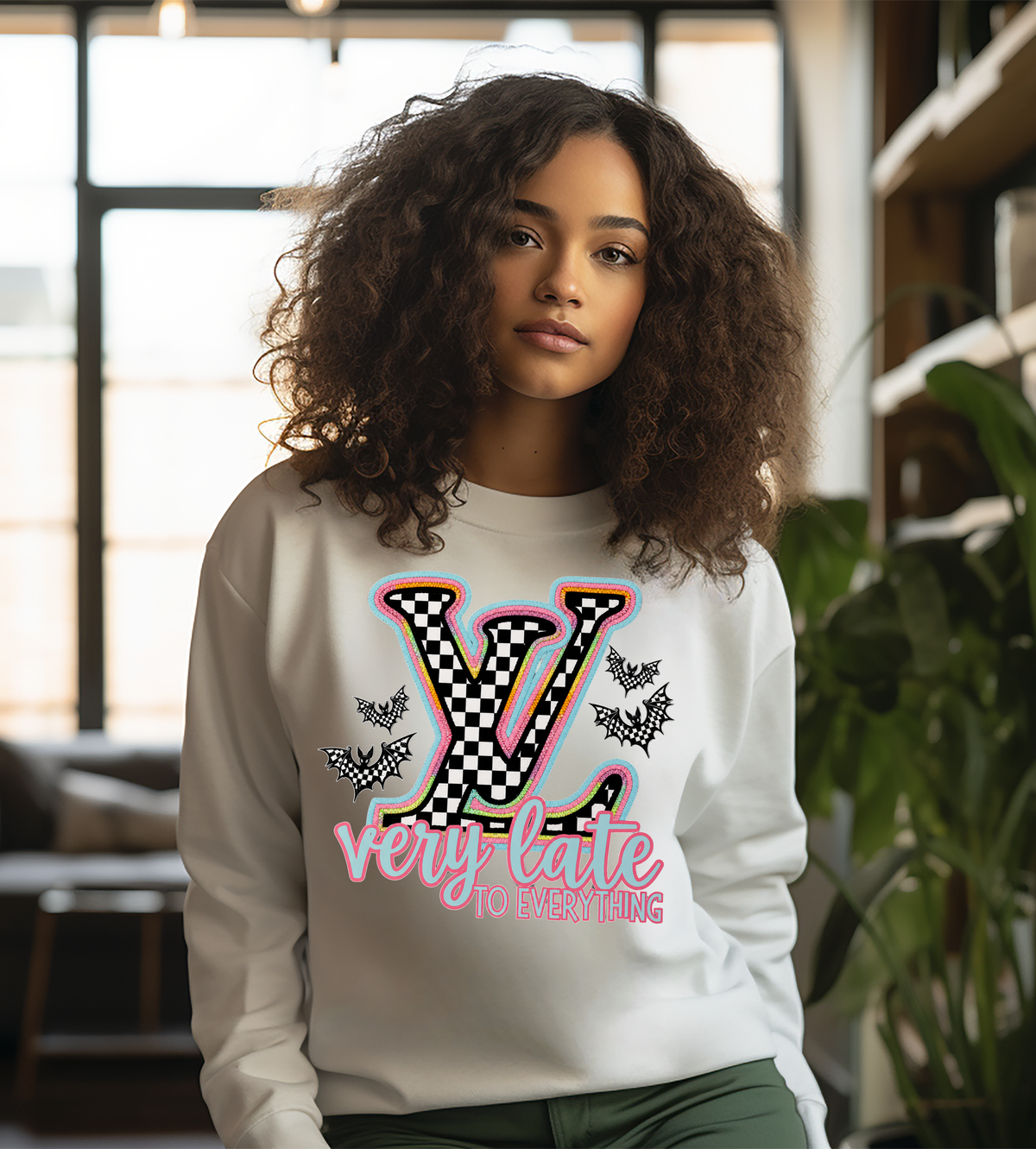 Very Late to Everything Graphic T-Shirt – Checkered LV-Inspired Halloween Bat Shirt