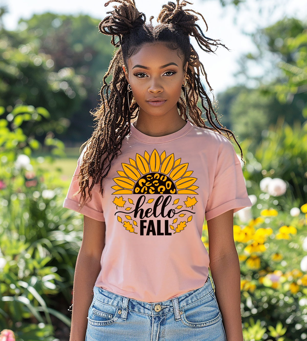 Hello Fall Sunflower Graphic T-Shirt | Autumn Leopard Print Tee