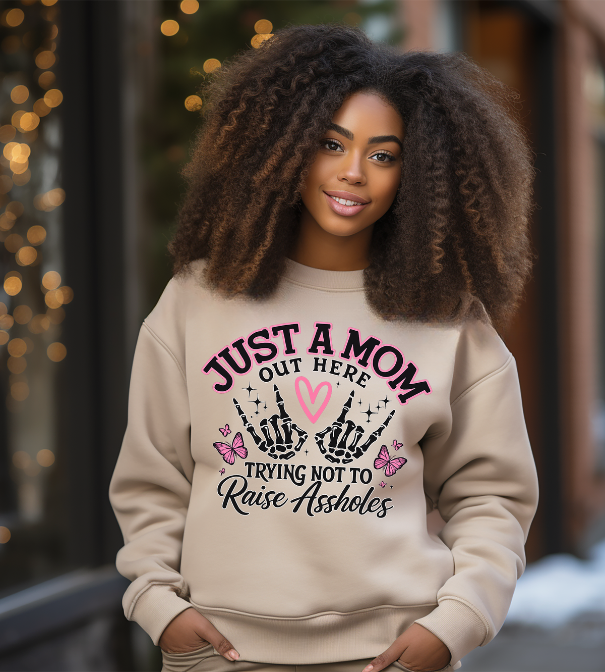 Just a Mom Out Here Trying Not to Raise Assholes Funny Mom Graphic Shirt