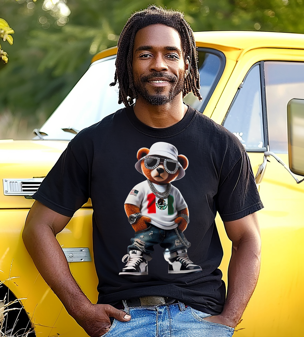 Mexico Pride White Streetwear Teddy Bear Graphic T-Shirt – Mexican Flag Tee