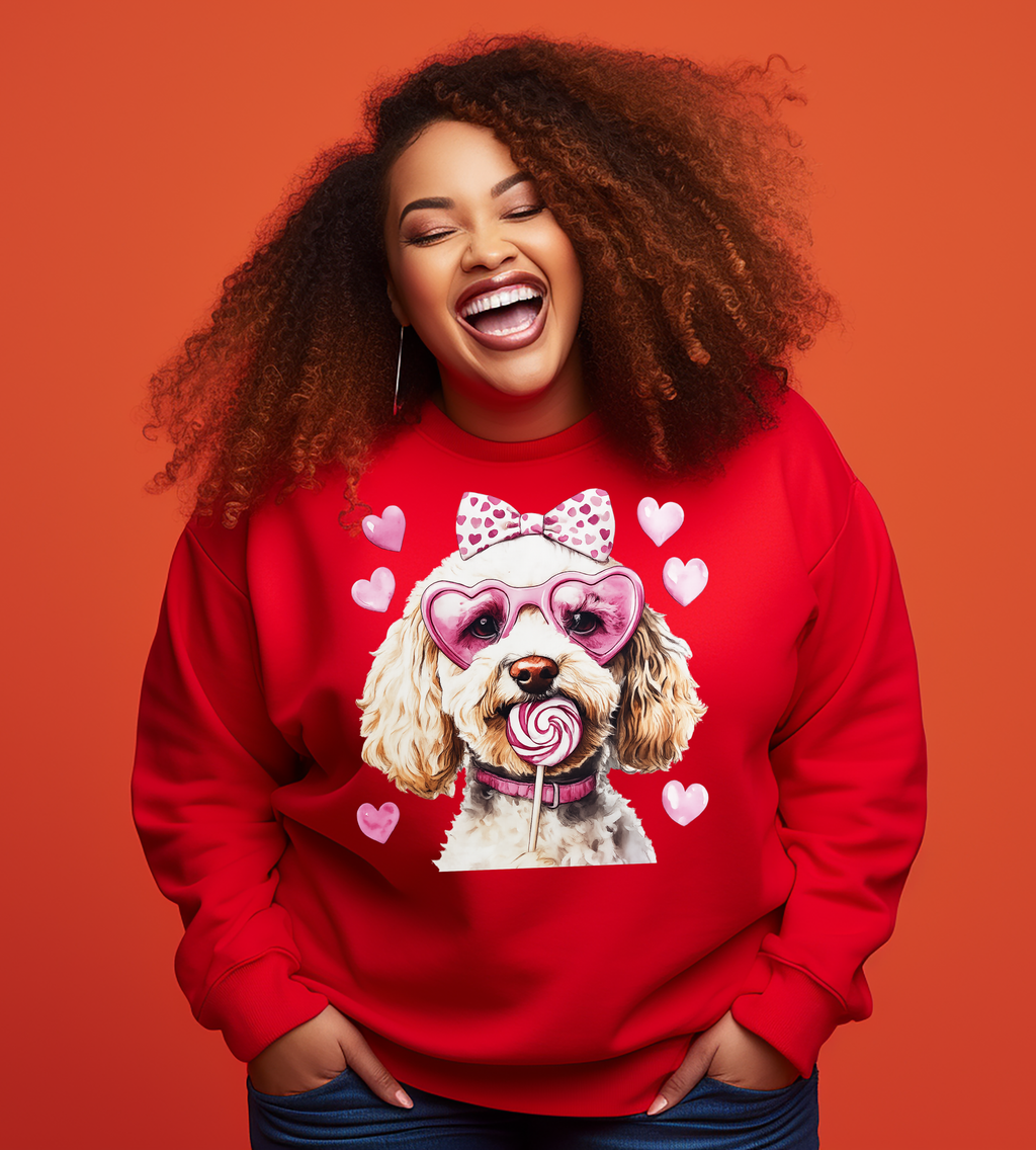 Valentine Cavapoo Graphic Shirt – Pink Hearts, Bow & Lollipop Dog Tee