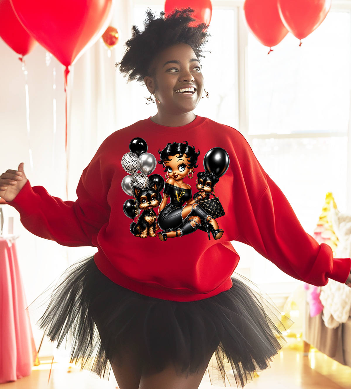 Glam Girl & Yorkies Graphic T-Shirt – Black, Gold & Silver Fashion Design