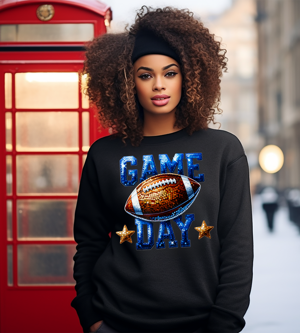 Game Day Football Graphic Shirt – Blue & Orange Sparkle Style Football Tee