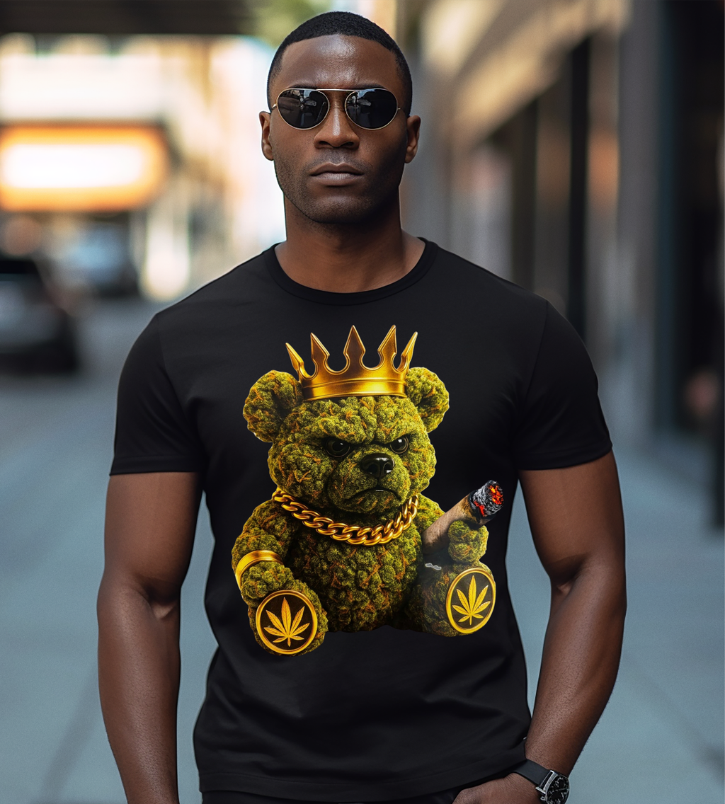 Crowned Cannabis Bear Graphic T-Shirt – 420 King Teddy Bear Tee