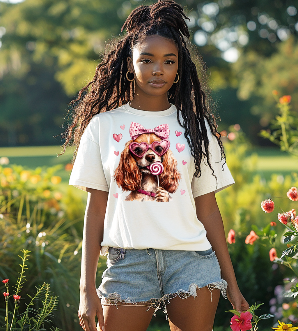 Valentine Spaniel Dog Graphic Shirt – Pink Hearts, Bow & Lollipop Tee
