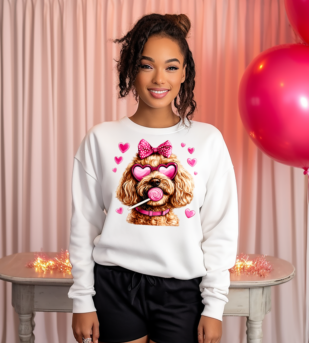 Valentine Doodle Dog Graphic Shirt – Pink Hearts, Bow & Lollipop Tee