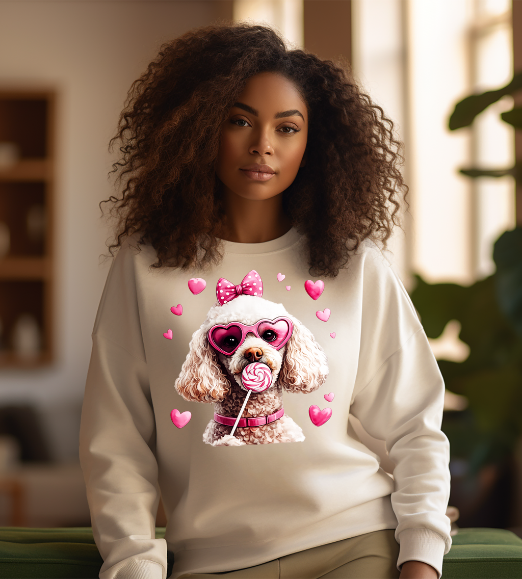 Sweet Valentine Poodle Graphic Shirt – Pink Hearts & Lollipop Dog Tee