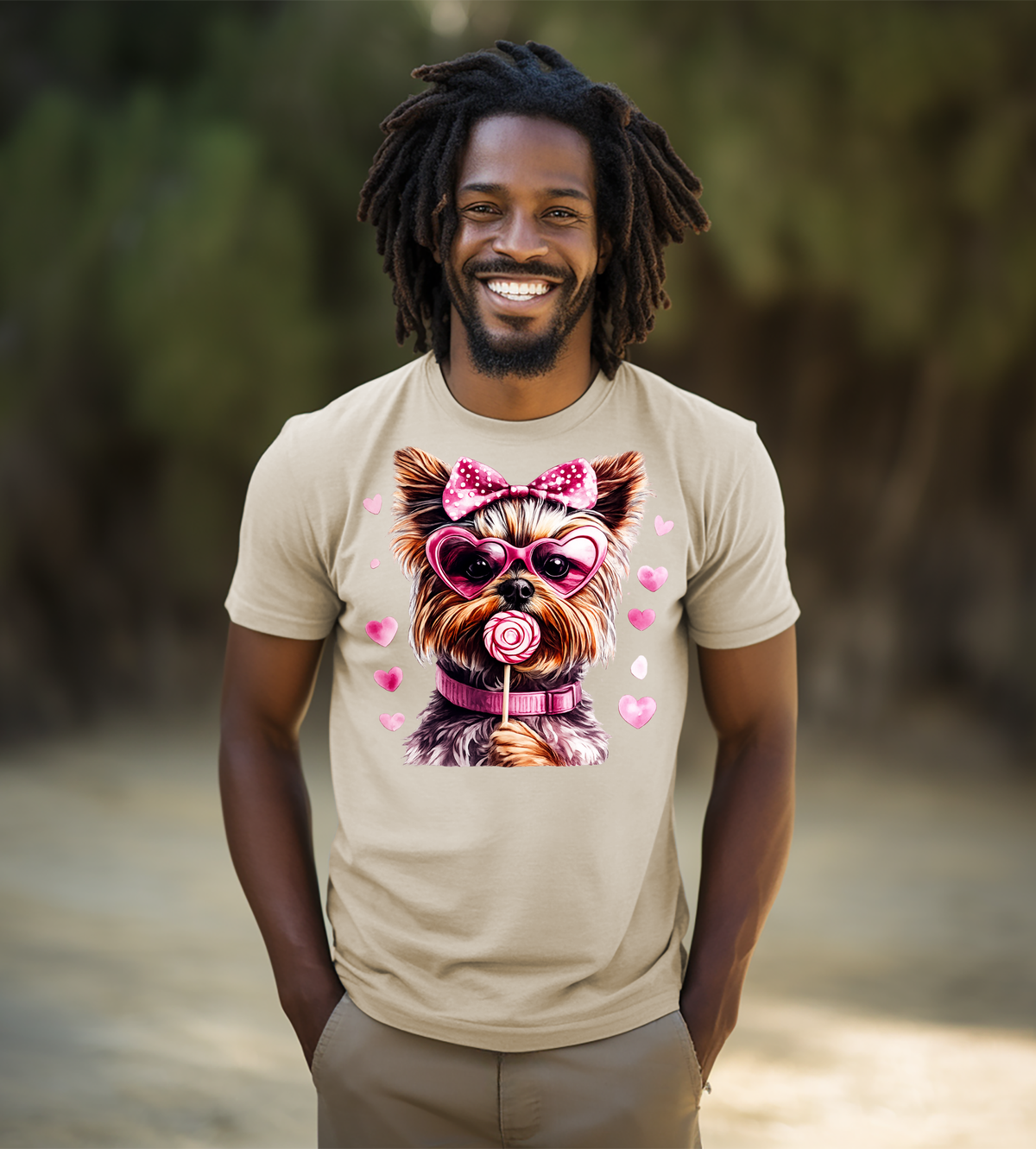 Valentine Yorkie Graphic Shirt – Pink Hearts, Bow & Lollipop Dog Tee
