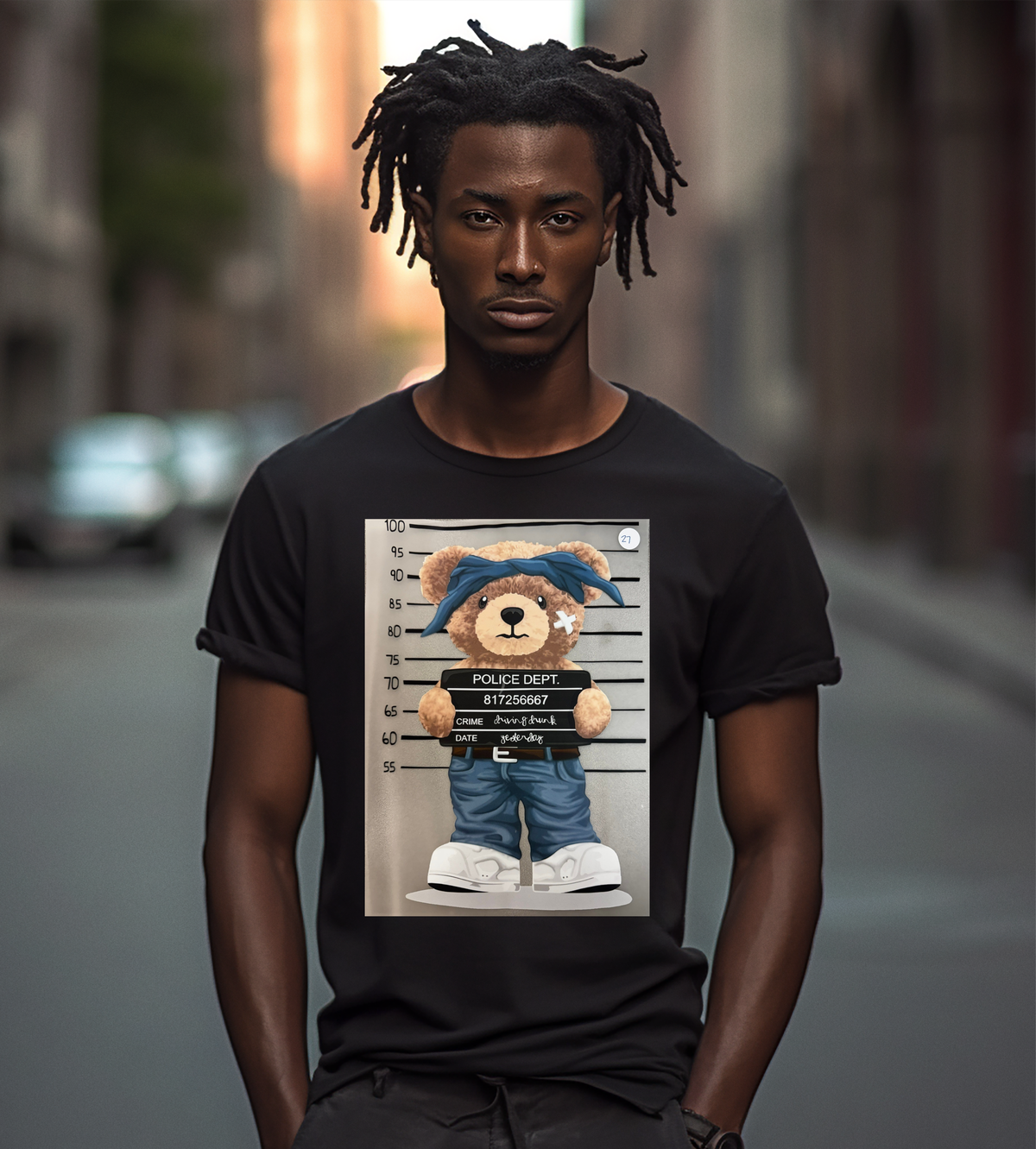 Caught Being Cute Teddy Bear Graphic T-Shirt – Funny Mugshot Bear Tee